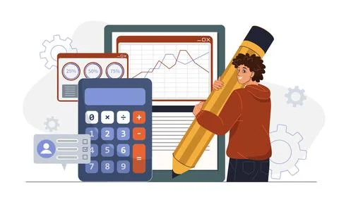 Cost optimization concept. Man with huge pencil near calculator and graphs Illustrazione stock