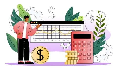 Cost optimization concept. Man stands near gold coins and calculator. Financial Stock Illustration