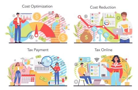 Cost optimization concept set. Idea of financial and marketing strategy. Stock Illustration