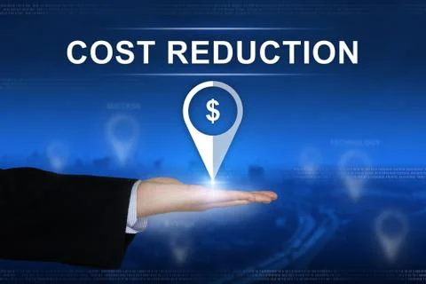 Cost reduction button on blurred background Foto stock