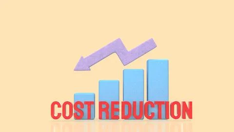 Cost Reduction Concept with Downward Arrow and Bar Chart 3d render. Illustrazione stock