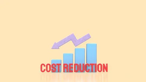 Cost Reduction Concept with Downward Arrow and Bar Chart 3d render. Stock Illustration