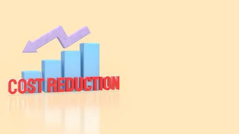 Cost Reduction Concept with Downward Arrow and Bar Chart 3d render. Illustrazione stock