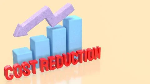 Cost Reduction Concept with Downward Arrow and Bar Chart 3d render. Stock Illustration
