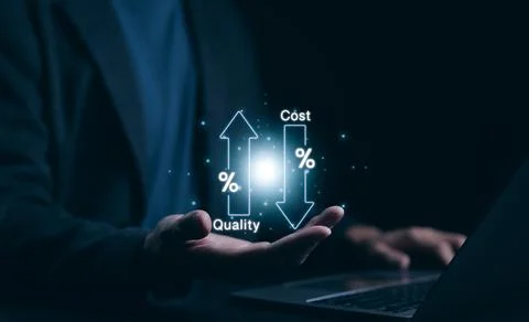 Cost reduction concept. Quality increase and cost optimization for products Stock Photos