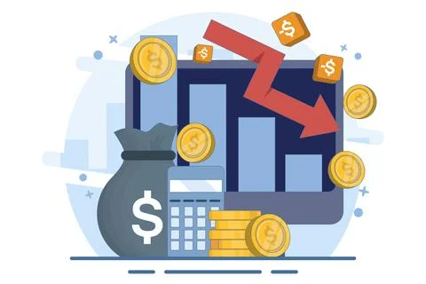 Cost reduction concept. Sales down, financial crisis. Business finance down. Stock Illustration