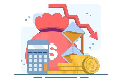 Cost reduction concept. Sales down, financial crisis. Business finance down. Illustrazione stock