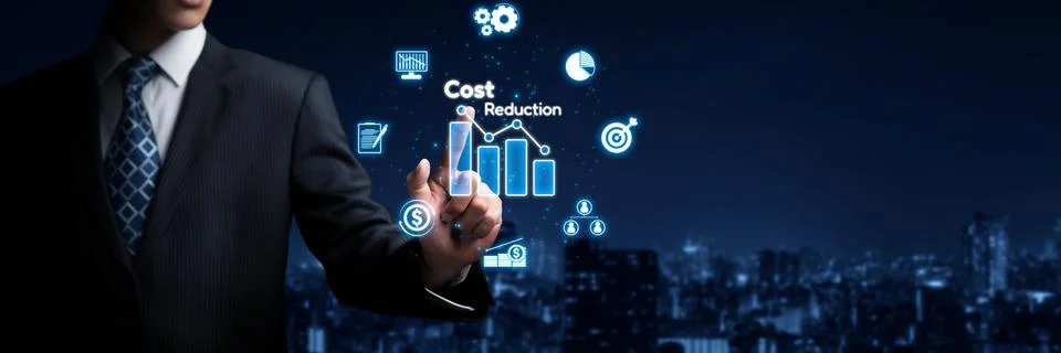 Cost reduction, cost saving concept shown by digital graphic EIDE overlays Stock Photos