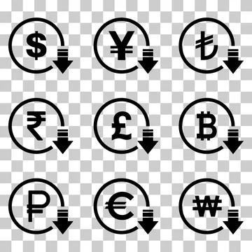 Cost reduction- decrease dollar euro icon. Vector symbol image isolated on ba Stock Illustration