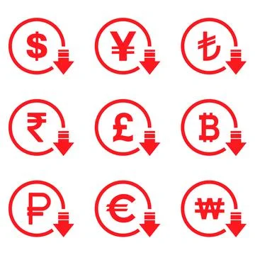 Cost reduction- decrease dollar euro icon. Vector symbol image isolated on ba Stock Illustration