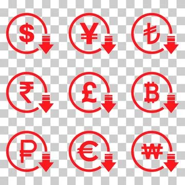 Cost reduction- decrease dollar euro icon. Vector symbol image isolated on ba Illustrazione stock