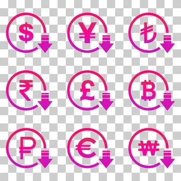 Cost reduction- decrease dollar euro icon. Vector symbol image isolated on ba Illustrazione stock