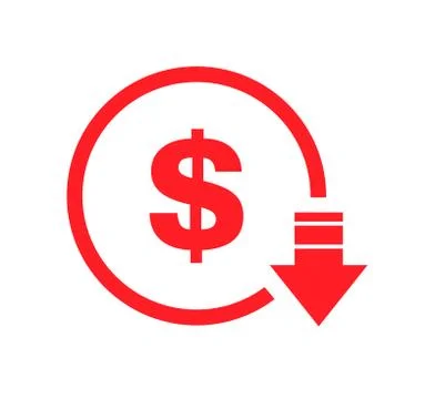 Cost reduction- decrease dollar icon. Vector symbol image isolated on backgro Illustrazione stock