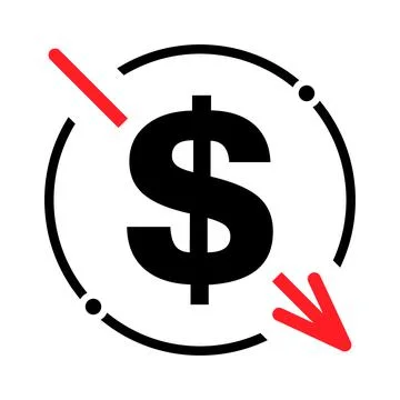 Cost reduction- decrease dollar icon. Vector symbol image isolated on backgro Stockillustratie