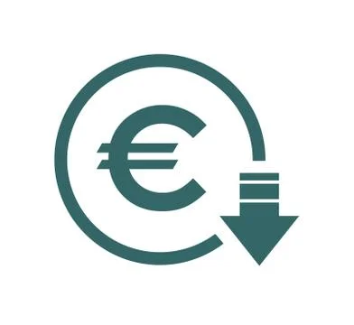 Cost reduction- decrease euro icon. Vector symbol image isolated on backgroun Illustrazione stock