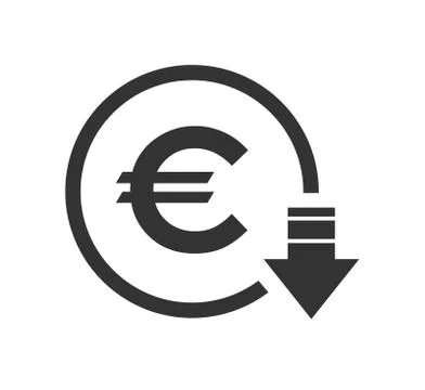 Cost reduction- decrease euro icon. Vector symbol image isolated on backgroun Illustrazione stock