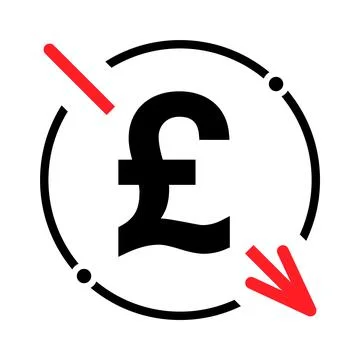Cost reduction- decrease pound icon. Vector symbol isolated on background Illustrazione stock