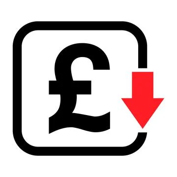 Cost reduction- decrease pound icon. Vector symbol isolated on background Stock Illustration
