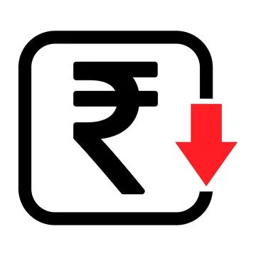 Cost reduction- decrease rupee icon. Vector symbol isolated on background 库存插图