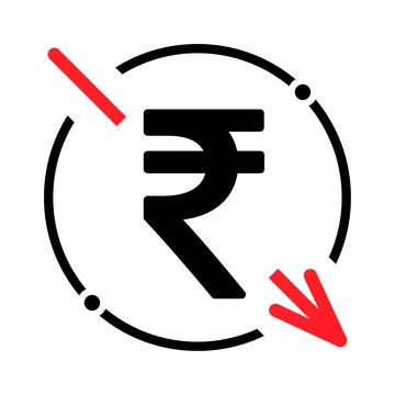 Cost reduction- decrease rupee icon. Vector symbol isolated on background Stock Illustration