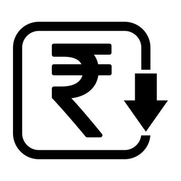Cost reduction- decrease rupee icon. Vector symbol isolated on background 库存插图