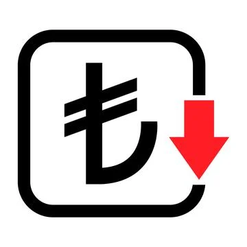 Cost reduction- decrease turkish lira icon. Vector symbol isolated on backgro Stock Illustration