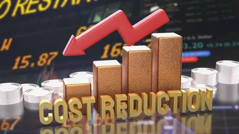 Cost Reduction Strategy with Financial Chart and Arrow 3d render. Illustrazione stock