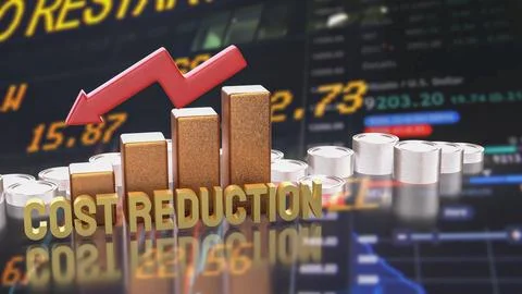 Cost Reduction Strategy with Financial Chart and Arrow 3d render. Illustrazione stock