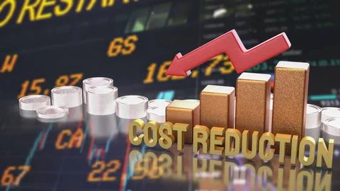 Cost Reduction Strategy with Financial Chart and Arrow 3d render. 스톡 일러스트