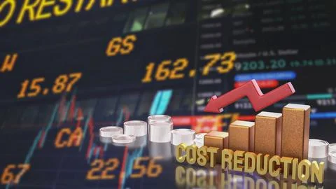 Cost Reduction Strategy with Financial Chart and Arrow 3d render. Stock Illustration