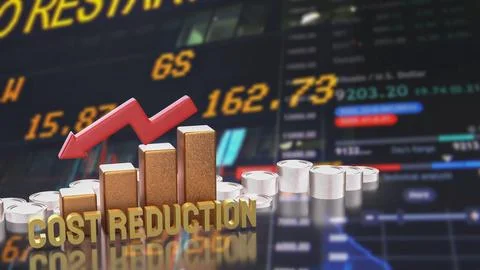 Cost Reduction Strategy with Financial Chart and Arrow 3d render. Stock Illustration