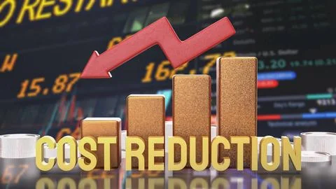 Cost Reduction Strategy with Financial Chart and Arrow 3d render. 스톡 일러스트