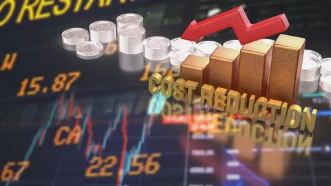 Cost Reduction Strategy with Financial Chart and Arrow 3d render. 库存插图