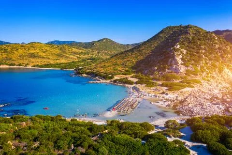 Cost of Sardinia: Peninsula of Punta Molentis. View of beautiful beach at Pun Stock Photos