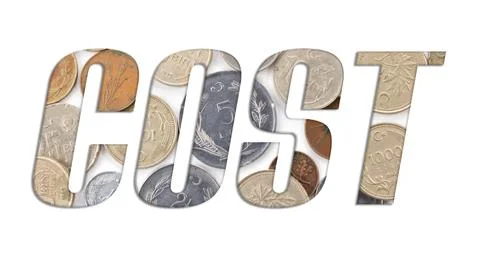COST word with stack of old Turkish coins on white background Stock Photos