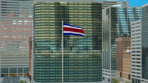 Costa Rica Flag 3D Render Animation on Pole with Modern Business District Bu Stock-Footage 332879786