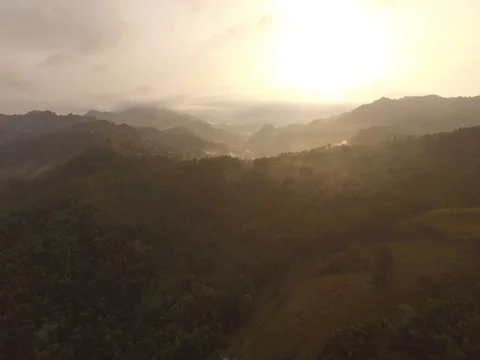 Costa Rica Jungle Aerial Flying into Sunrise with Mist and Low Clouds Stock Footage