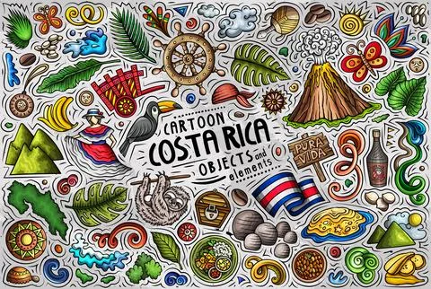 Costa Rica objects cartoon vector set Stock Illustration
