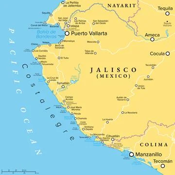 Costalegre, Mexican coast between Puerto Vallarta and Manzanillo, political map Stock Illustration