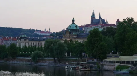 Costline of Vltava river at evening time, Prague, Czech Republic Video stock 68546071