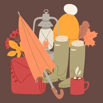 Cosy autumn concept card vector illustration. Pastel colors of autumn items Stock Illustration
