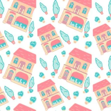 Cosy cottage seamless pattern on white backdrop stock vector illustration Stock Illustration