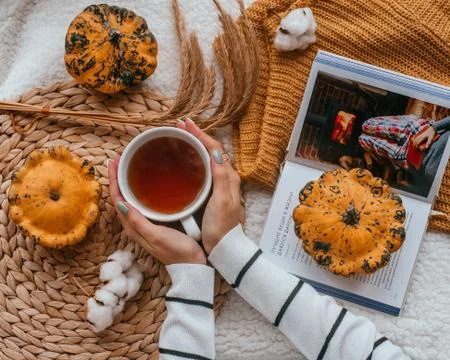 Cosy flatlay with tea Stock Photos