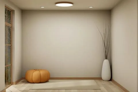 Cosy room with window and ceiling lamp over pumpkin stool chair and vase on.. Ilustración de archivo