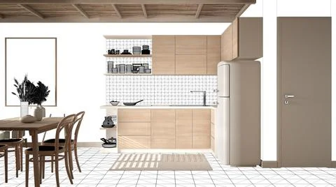 Cosy wooden kitchen with dining table and chairs in sustainable apartment, in Stock Illustration