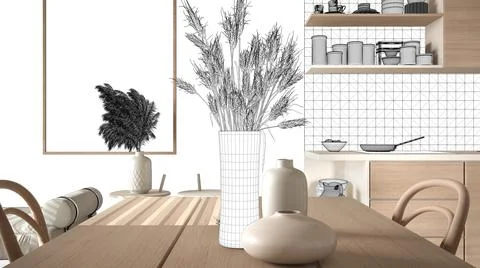 Cosy wooden kitchen with dining table and chairs in sustainable apartment, in Stock Illustration
