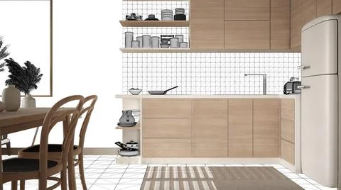 Cosy wooden kitchen with dining table and chairs in sustainable apartment, in Illustrazione stock