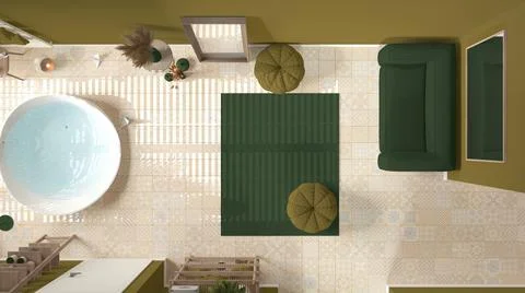 Cosy wooden peaceful bathroom in green tones, bathtub, ceramic tiles floor, c Stock Illustration