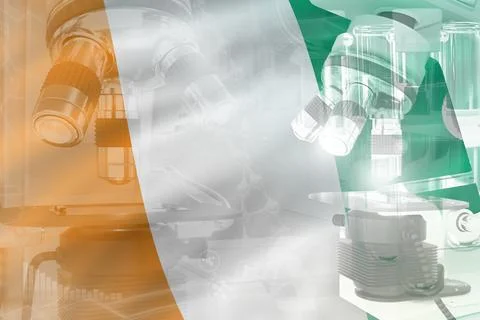 Cote d Ivoire science development background - microscope on flag. Stock Illustration