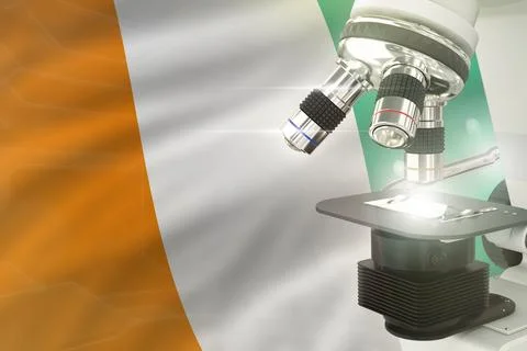 Cote d Ivoire science development concept - microscope on flag background Stock Illustration